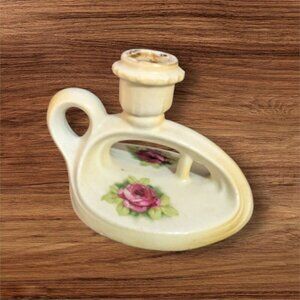 Vintage Ceramic Porcelain Chamberstick Candle Holder With Pink Rose Design    ag
